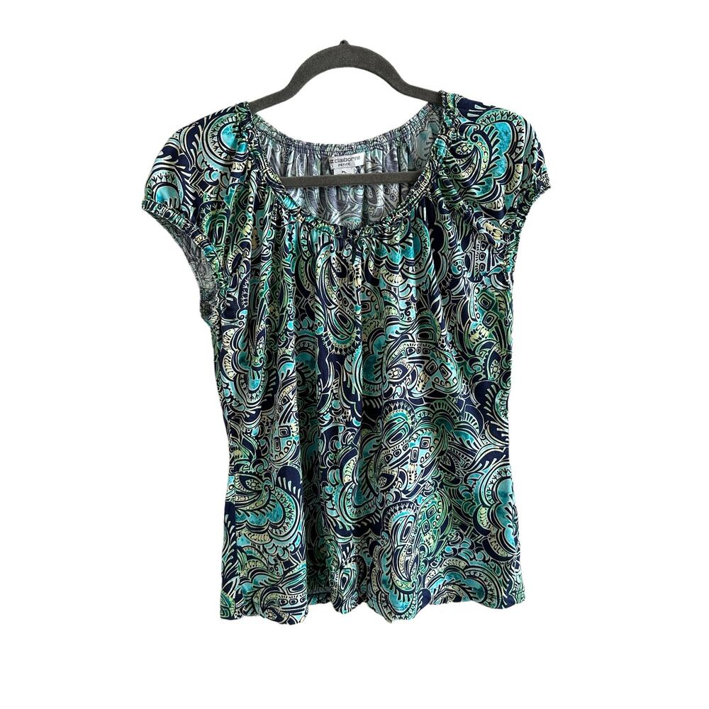Liz Clairborne Petite Large Blue Green Paisley Short Sleeve Scoop Neck Blouse